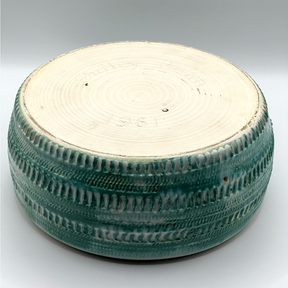 Vintage 1961 Handmade Ceramic Pottery Bowl w/Lid Turquoise/White MCM Signed - Picture 7 of 16